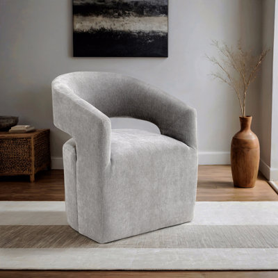 Light Gray Finish 1Pc Arm Chair Pedestal Base W/ Casters Round Seat Textured Fabric Upholstered Contemporary Bedroom Furniture