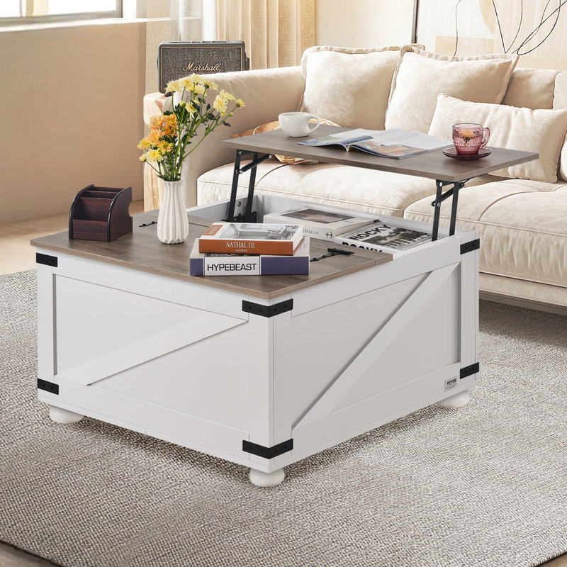 Gray and White Square Wooden Lift-Top Coffee Table with Storage
