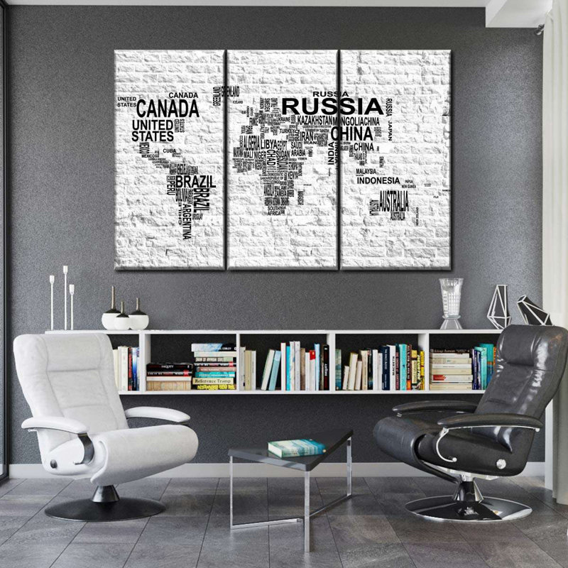 Carte du monde en brique sur 3 pièces, H 48 po x l 74 po x P 1,25 po