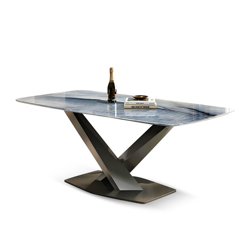 Modern Supercrystalline Stone Dining Table with X-Shaped Metal Base, 29.84"H x 55.04"L x 31.43"W