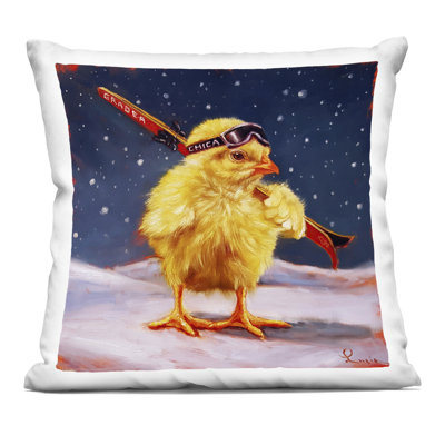 Chick With Sticks Skiing Decorative Printed Throw Pillow design by Lucia Heffernan