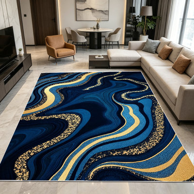 1PC navy blue gold glitter marbled fluid swirl area rugs for Living Room, Soft, All seasons, Easy-maintain, Washable Indoor mat, Farmhouse suitable for dining table, bedroom, entryway, kitchen, home office, balcony, Home Decor, Outdoor Decor.
