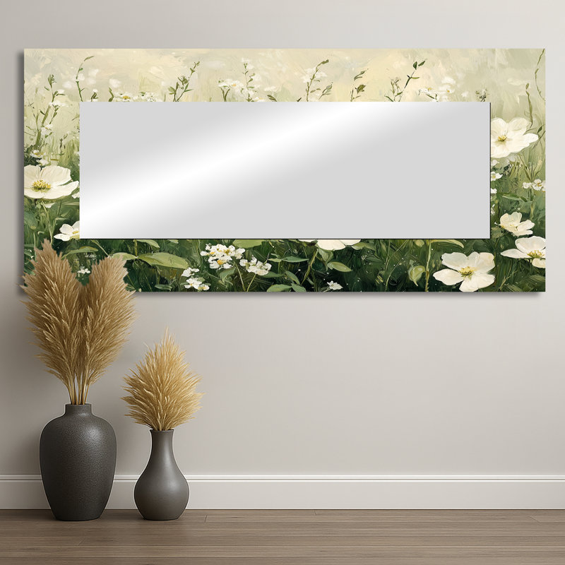 Fleurs blanches blanches au printemps Bloom II - Art mural miroir fleurs sauvages - imprimé sur métal, 28 po x 60 po