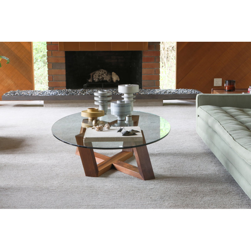 Focal Glass Top Single Coffee Table, Walnut, 15" W x 48" L x 48" W