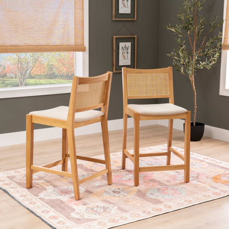 Lummie 19" W Square Upholstered Stool with Cane Back, Tan, Counter Stool (25.25" Seat Height)