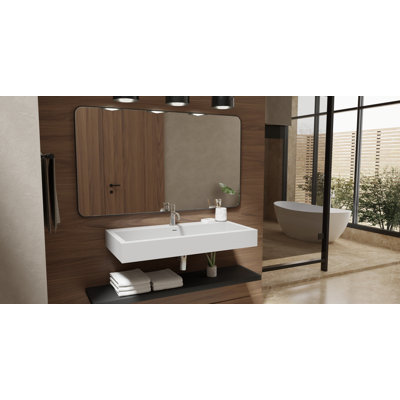 Lavabo de salle de bain mural en pierre avec trop-plein 39,4 po x 18,8 po Badeloft en blanc brillant WT-06-XL-G