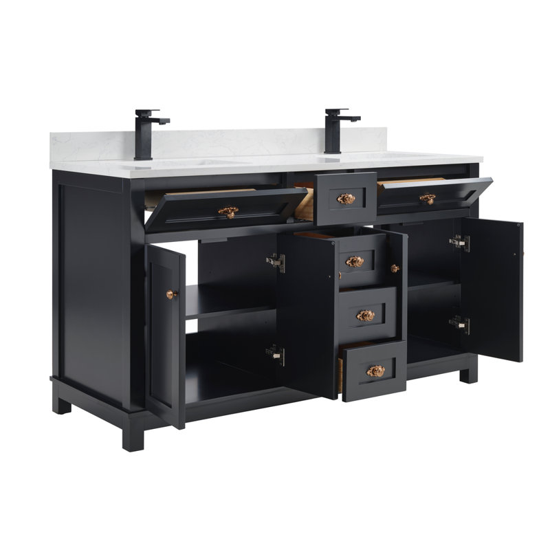 Meuble-lavabo en bois massif 60 po avec comptoir en pierre reconstituée et lavabo double 60 po, Noir tricorne, Or rose
