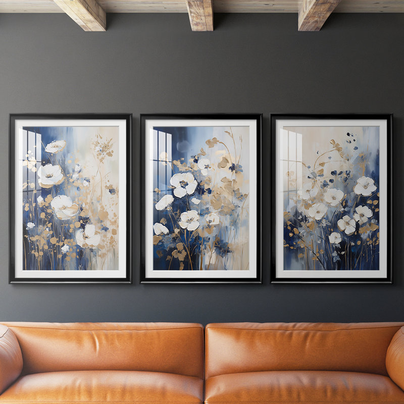 FLORAL Series CECII - Impression sur mesure encadrée de qualité supérieure - 3 pièces, Noir, H 21 po x l 30 po