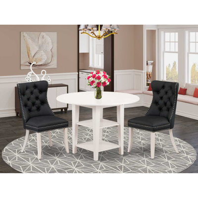 3-Piece Linen White Finish Round Solid Wood Top With Dropleaf Dining Table Set
