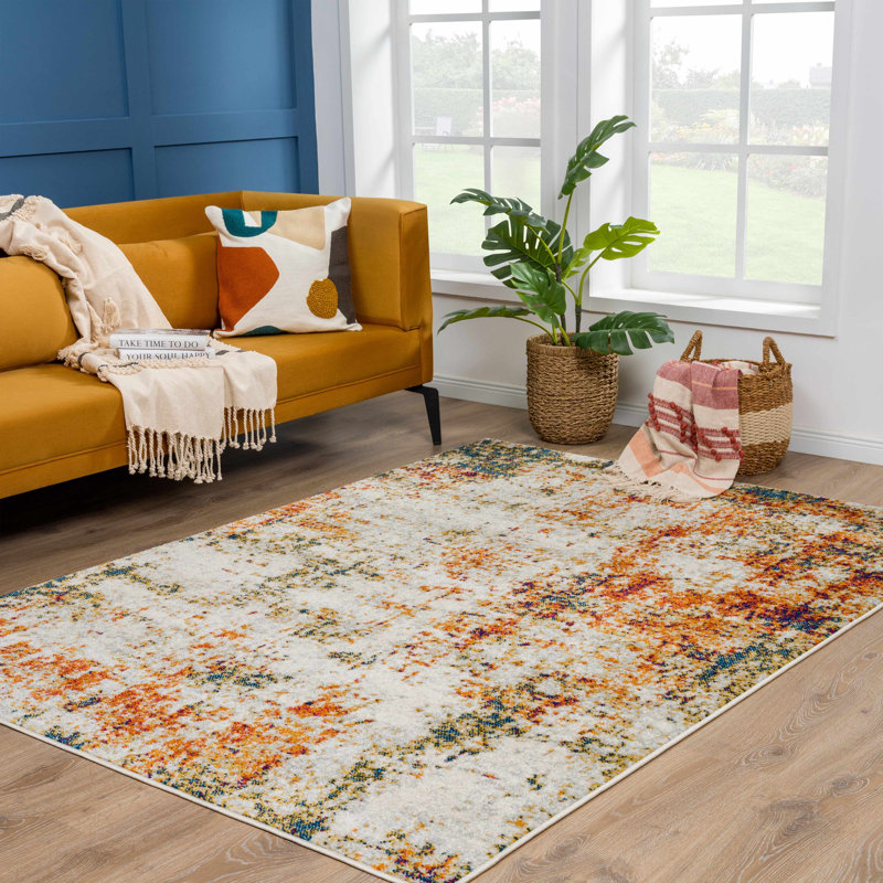 Tapis orange / beige / rouge en polypropylène tissé à la machine, Rectangle 7 pi 10 po x 10 pi 3 po