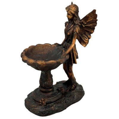 Bronze Finish Resin Fairy Bird Feeder Garden Statue 14"