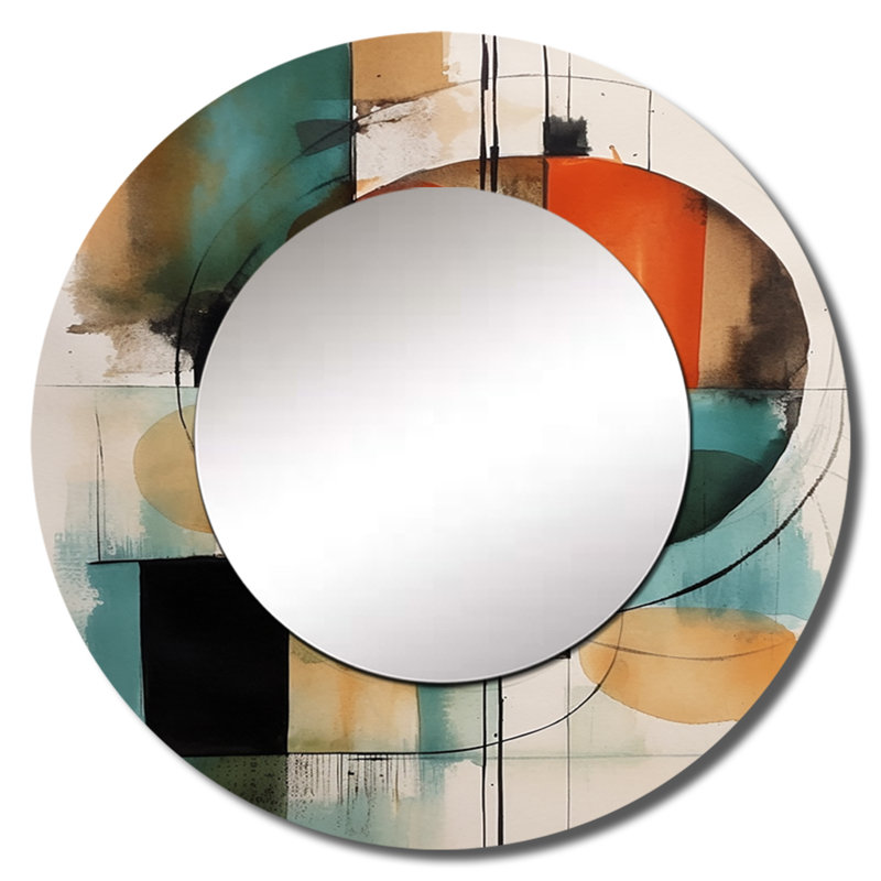 Pinuccia orange abstrait géométrique Explorations IV - grand miroir mural géométrique, miroir décoratif rond orange, impression d'art en métal