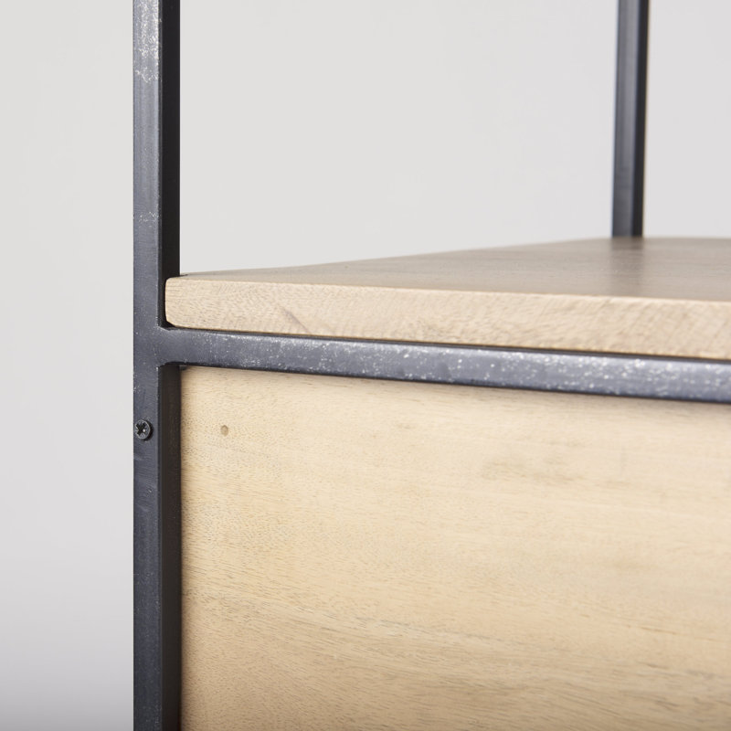 Beige and Black Wood and Iron Narrow Etagere Bookcase