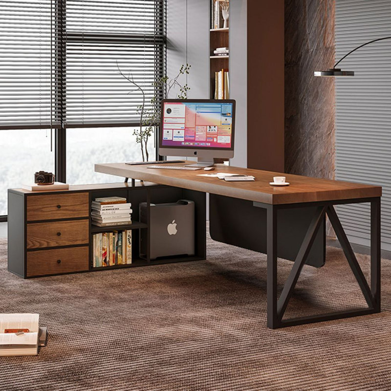 Bureau de direction en L en bois massif brun avec tiroirs, H 29,53 po x l 70,87 po x P 59,06 po, Retour à gauche