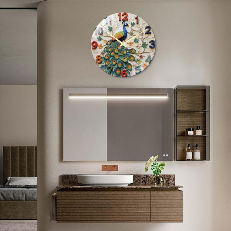 Horloge murale décorative Paon coloré - Horloge murale moderne en verre de 61 cm (24 po)