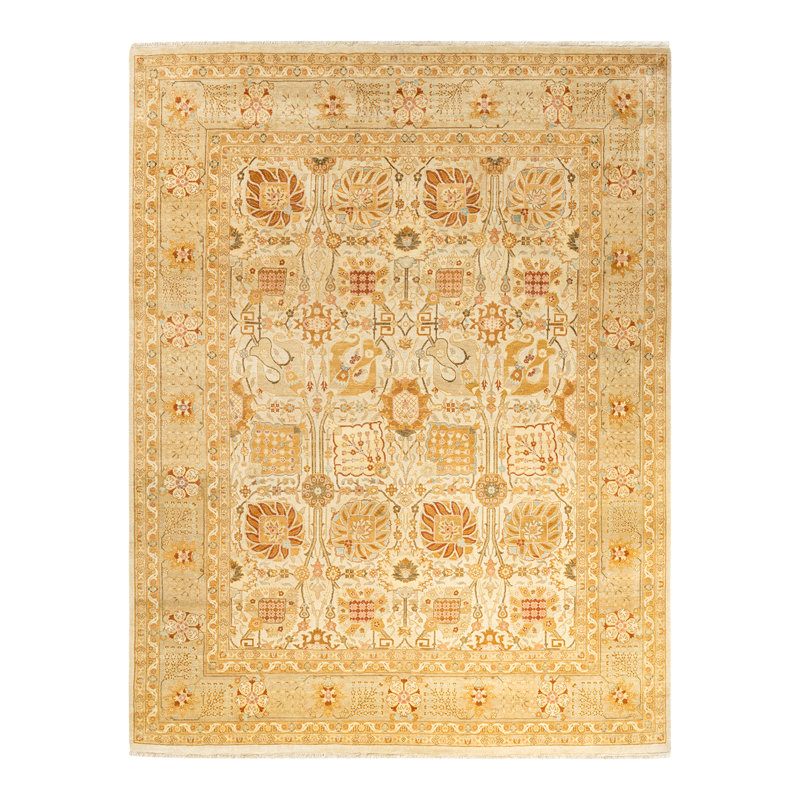 Tapis ivoire noué à la main de conception unique 7 pi 10 po x 10 pi 3 po Rhori