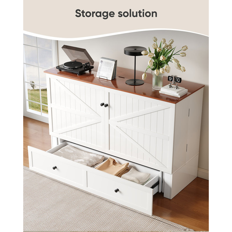 Modern Murphy Bed Queen with Drawers and USB Charging Ports,White, Queen