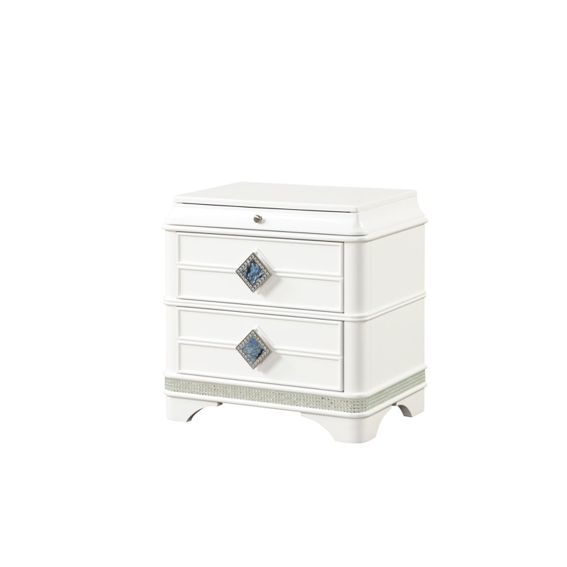 Moderne, 2, table de chevet, blanc, tiroirs, poignées centrales en marbre bleu, compartiment à bijoux caché, 2 armoires de chevet blanches avec accents de cristal, fabrication en bois et tiroirs