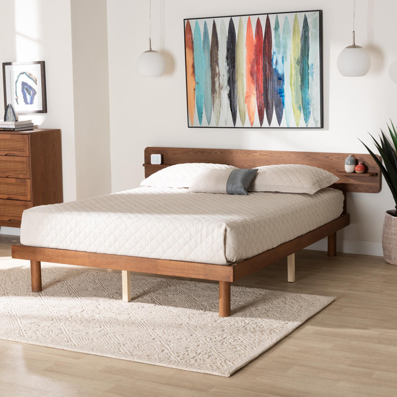 Morana Queen Walnut Brown Wood Platform Bed with Built-In Shelves