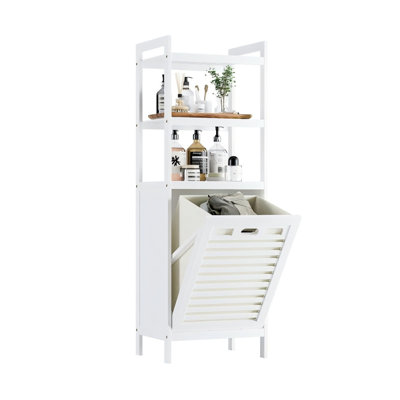 Panier à linge basculant en bambou avec sac pliable et 3 tablettes ouvertes, blanc