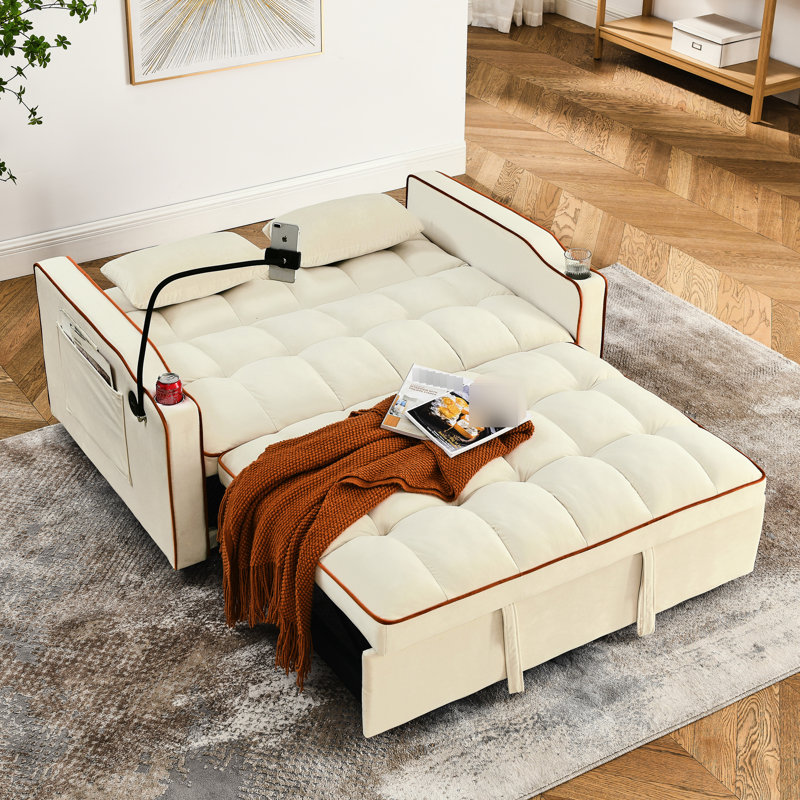 Lit à dossier réglable en velours beige avec charge, cendrier, support pour téléphone et coussins relaxants de 55,51 po et caractéristiques pratiques