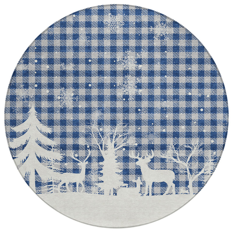 Tapis intérieur lavable rond 8 pi bleu ivoire et gris