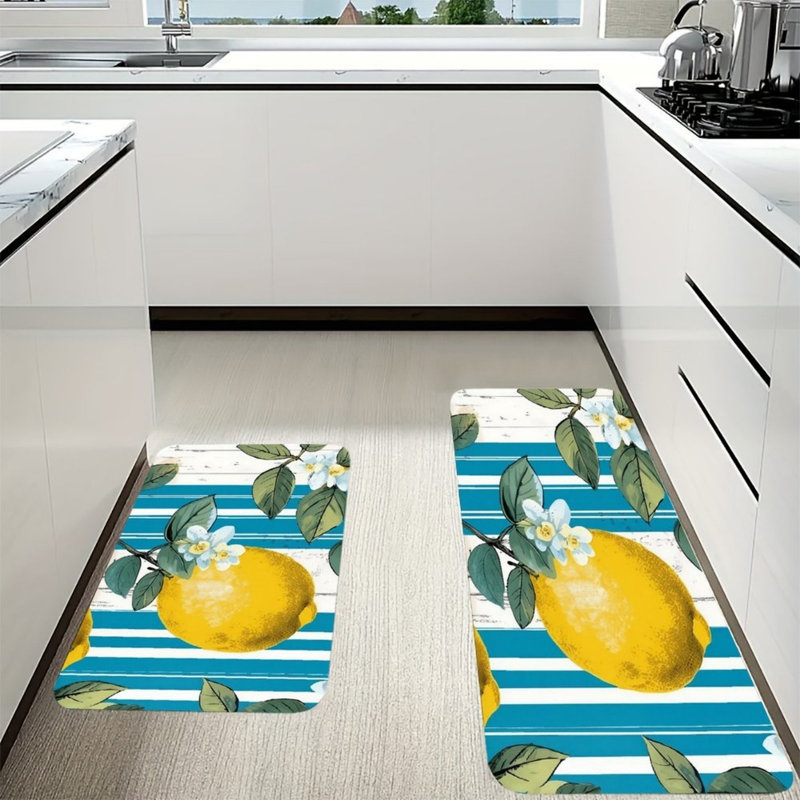Ensemble de 2 tapis de cuisine rayés bleu et blanc citron pour la cuisine et la salle à manger