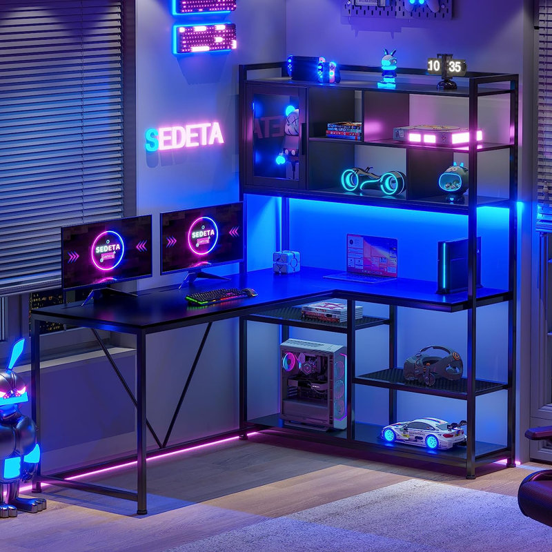 Rustic Brown and Black L-Shaped Computer Desk with Shelves and LED Lighting