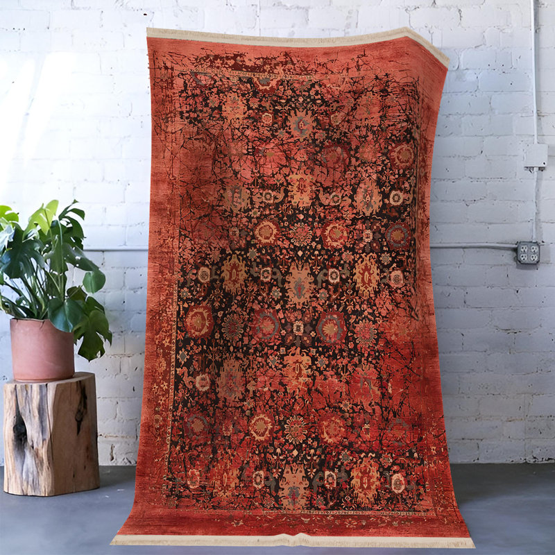 Tapis décoratif à motif abstrait rouge à motif traditionnel rouge, Rectangle 4 pi 7,12 po x 6 pi 6,74 po