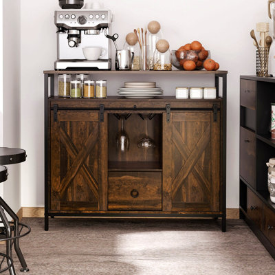 Buffet industriel, armoire de cuisine avec portes de grange coulissantes avec porte-verres à pied, tiroir et tablettes réglables
