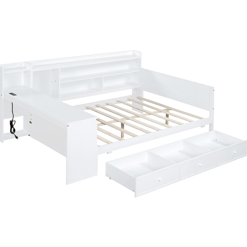 Lit de jour double avec bureau et 3 tiroirs - Bois de pin blanc pour une chambre à coucher confortable, Complet/Double, Blanc