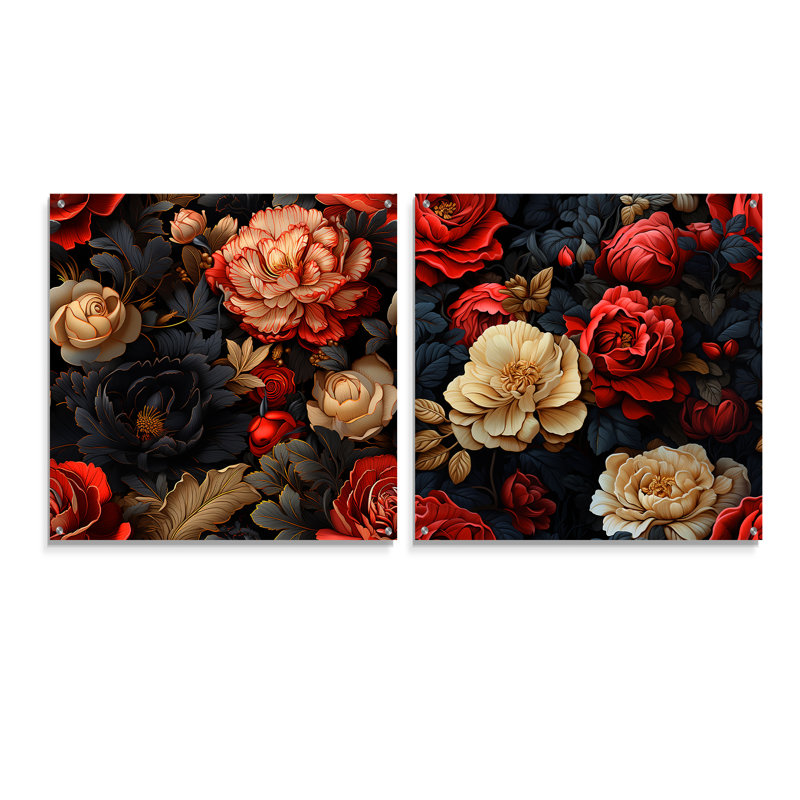 Opulence rouge victorienne rouge motif floral I - ensemble d'art mural en acrylique sur verre floral, H 16 po x l 33 po