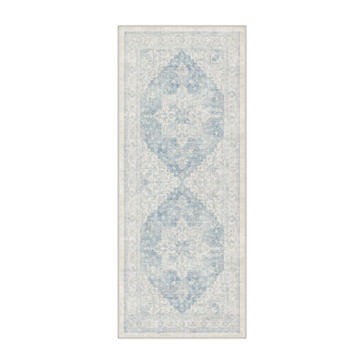 Machine Washable Oriental Ivory / Blue Hallway Runner With Non-Slip Backing