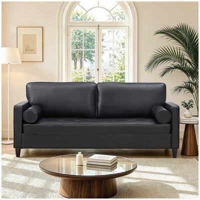 Classic Design Leather Couch,Breathable Faux Leather with Tufted Seat Cushion Solid Wood Legs Sofa for Living Room,Black