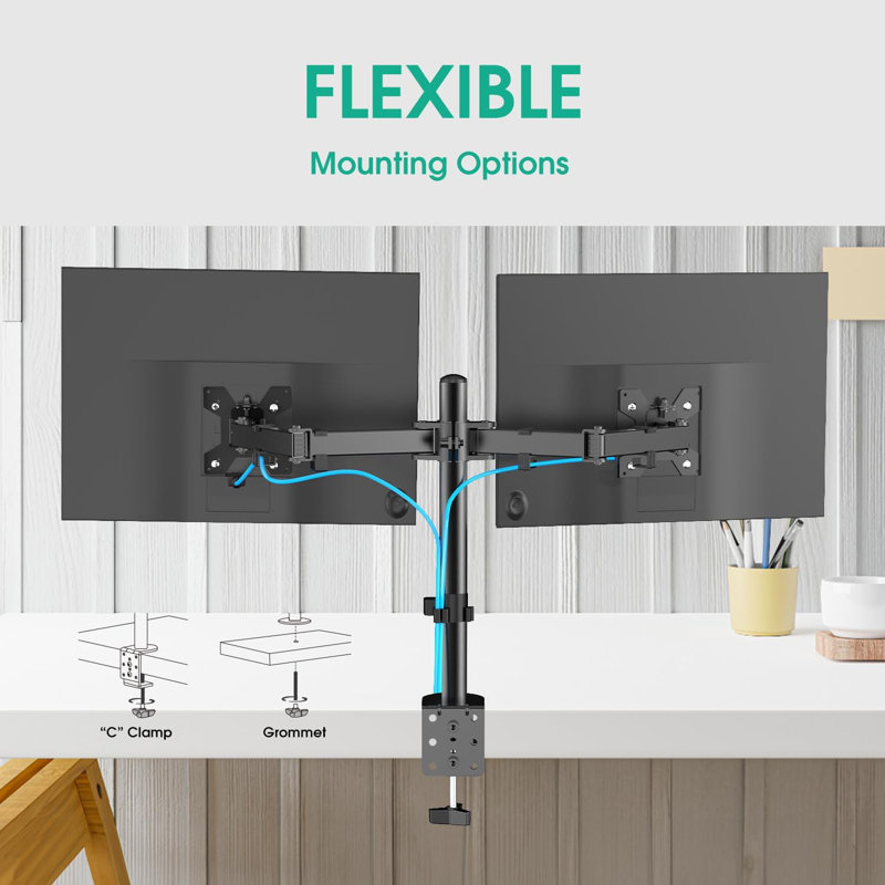 Support de bureau à double moniteur, bras de moniteur double pour 2 écrans d'ordinateur de 17 à 27 pouces et maximum 18 lb chacun, support pour écran robuste et entièrement réglable pour bureau, vesa 75 x 75/100 x 100 mm