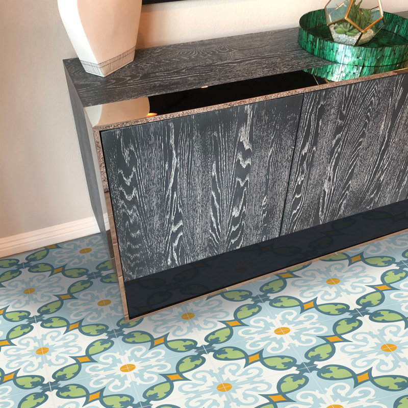 Agadir 8" x 8" Cement Patterned Wall & Floor Tile, Green/Orange/Blue