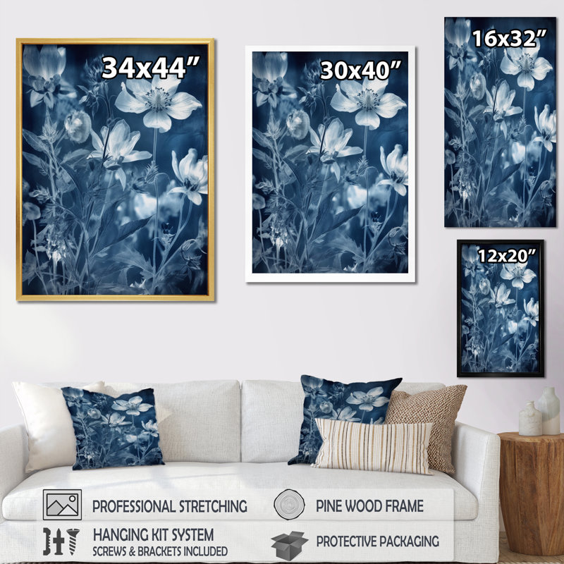 Fleurs sauvages dans un pré bleu botanique - impression, Cadre simple gris, H 32 po x l 16 po x P 1 po