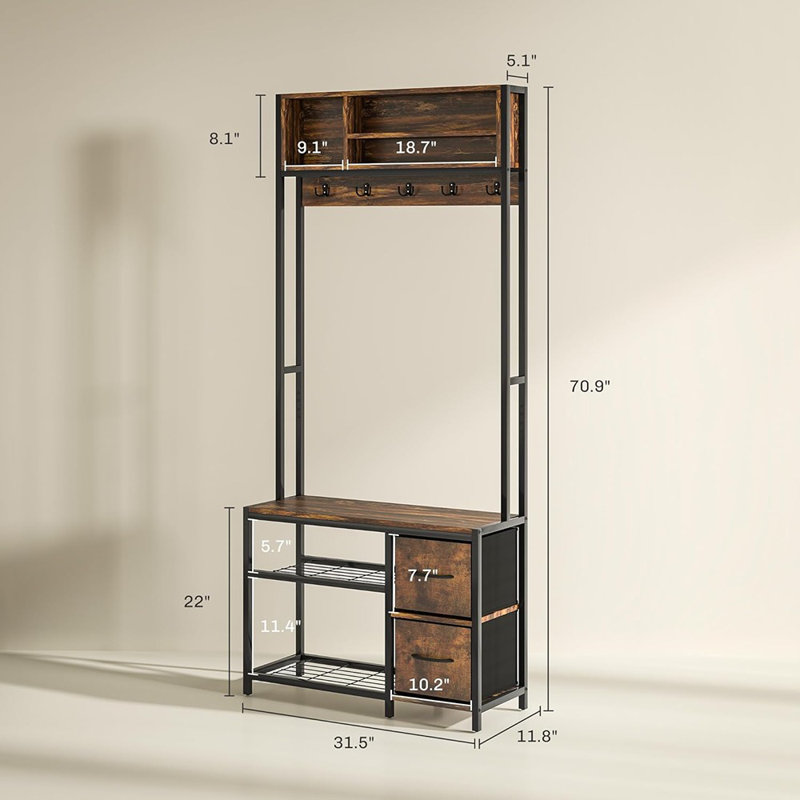 Hall Tree With Bench And Shoe Storage, 5-In-1 Entryway Be...