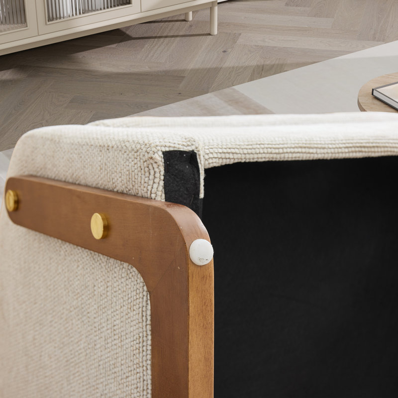 Upholstered Accent Armchair With Wood Accent Base, Beige Chenille