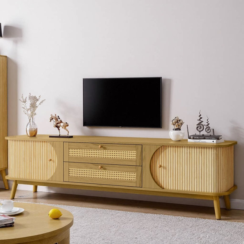 Rattan TV Stand for 75" TVs, 67" Farmhouse Media Console, Solid-Wood Legs, Cable Hole, Beige