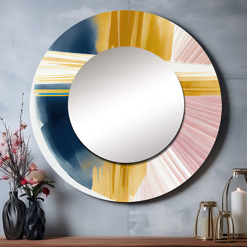 Quartera large doré coup de pinceau II - grand miroir à spirales abstraites, décor de miroir mural rond rose unique, art imprimé en métal