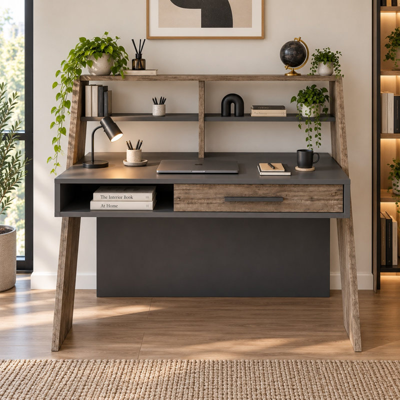 Soho 123cm W Computer Desk with Hutch and Drawer, Anthracite Brown