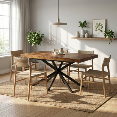 Rectangular Extendable Dining Table (55.11"–70.86"), Wooden Top with X-shaped Metal Base, Includes Shallow Storage Box, Mid-Century Modern Style, Vintage-style Dark Brown Finish