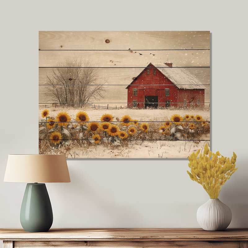 Sunflowers And The Winter Barn Soft Greys I - Farm Wood Wall Decor - On Natural Pine Wood, 10" H x 20" W x 0.78" D