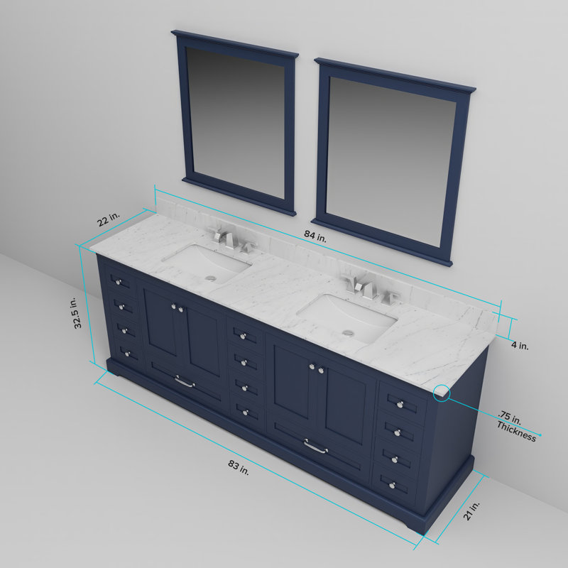 Dukes 84" Double Bathroom Vanity Set, Navy Blue, White Quartz