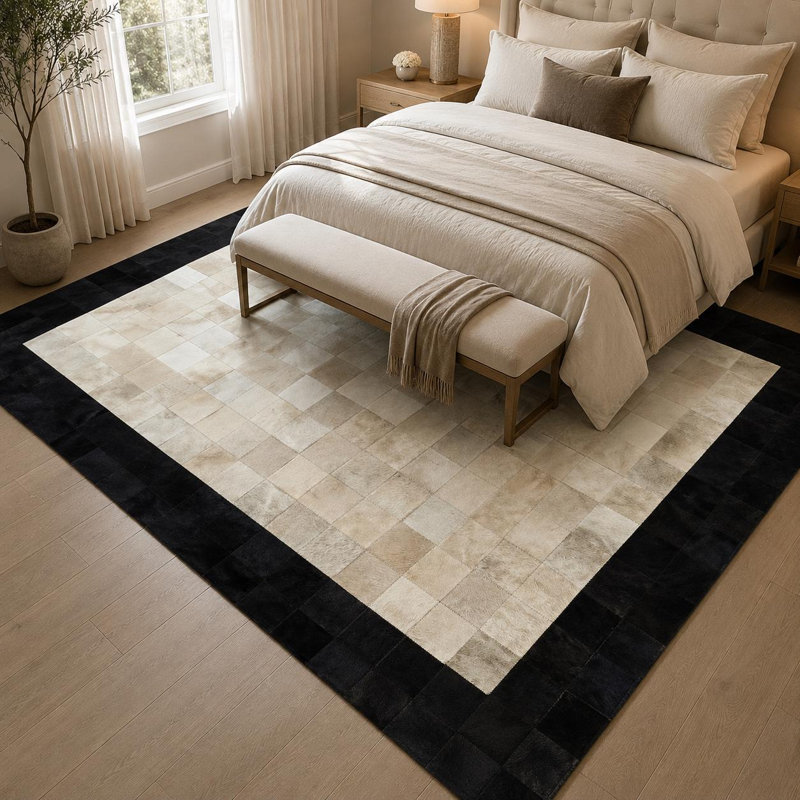 Tapis noir en cuir de vache fabriqué à la main, 9 x 12 pi
