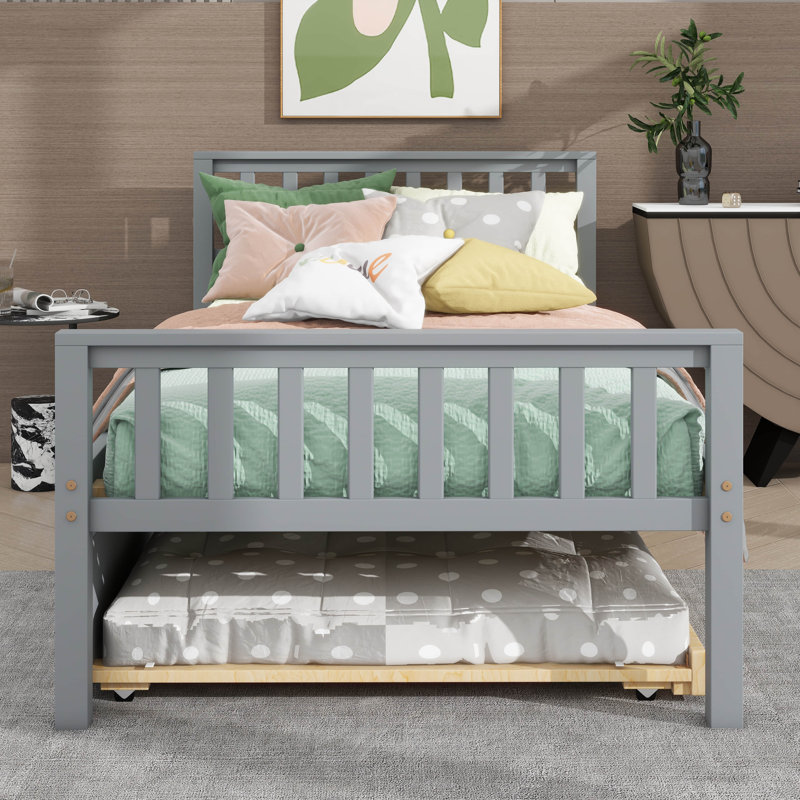 Structure de lit plateforme robuste en bois avec lit gigogne extensible, gris