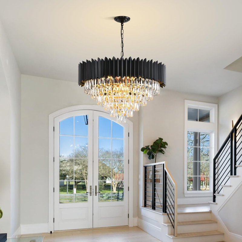 Modern Black Vertical Slat & Crystal Chandelier, E14 Base, 4 Size Options, No Bulb, 6 Tiers, 50.8cm H x 72.14cm W x 72.14cm D