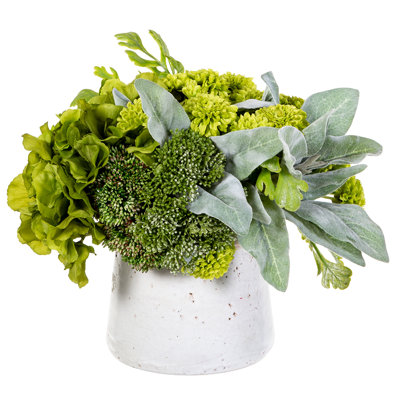 10"X13"X14" Pompom/Fern/Lambs Ear In Stoneware Container