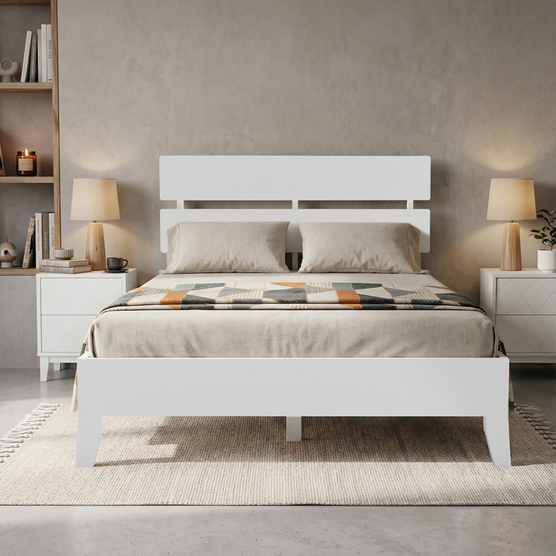 Solid Wood Platform Bed Frame , Queen Bed Frame With Headboard Included, Mid Century Modern Bed, White, White, Queen